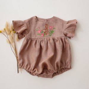 Rose Smoke Linen Flounce Sleeve Bubble Playsuit with “Bunny in Flowers” Embroidery