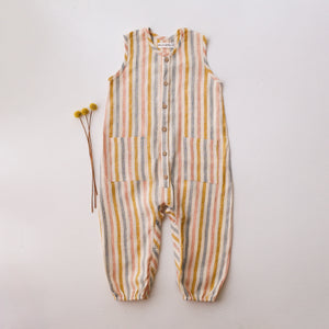 Rainbow Linen Tank Buttoned Jumpsuit with Pockets