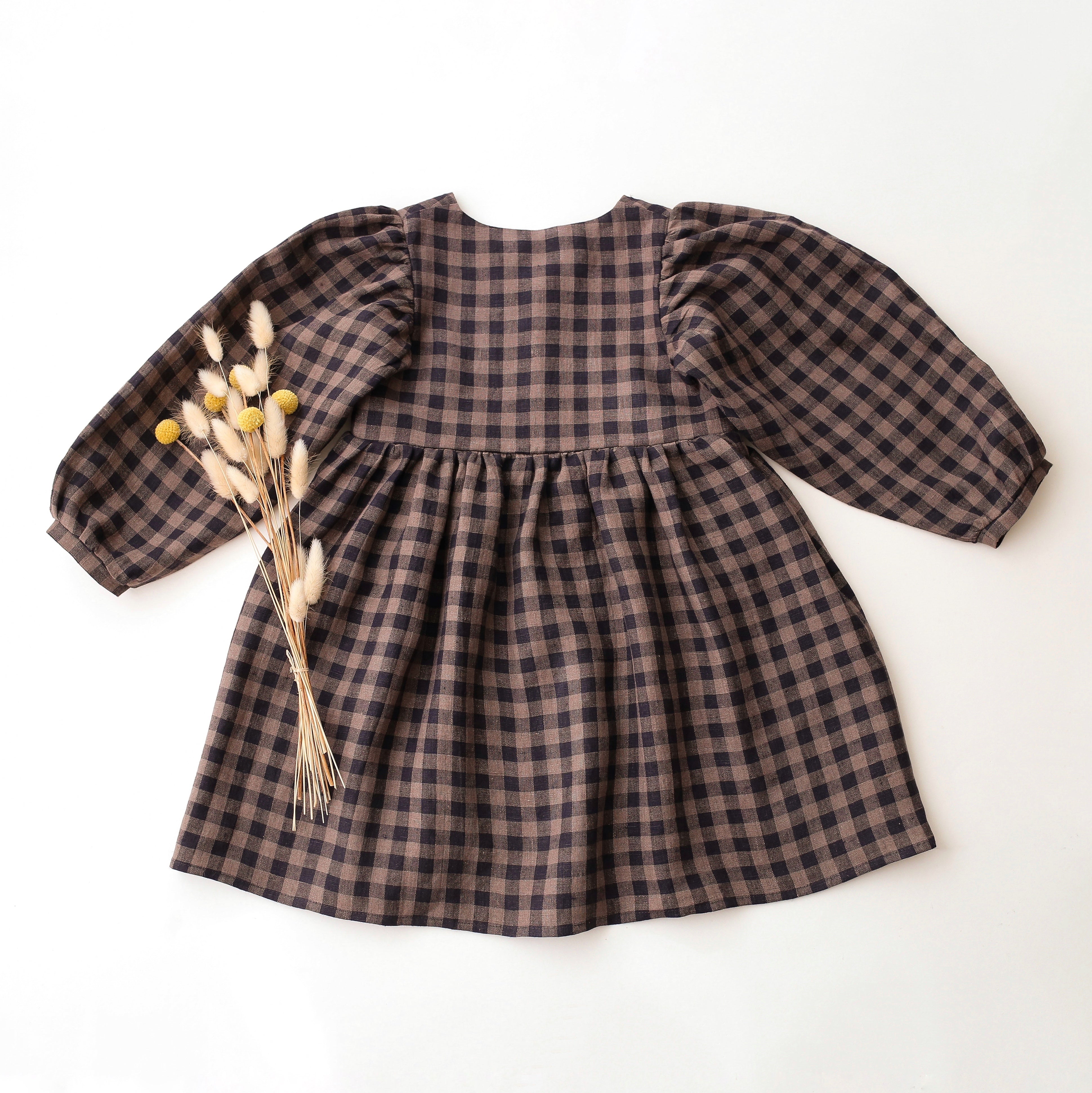 Taupe & Black Check Linen Long Sleeve Button Front Dress with V-Shaped Neckline