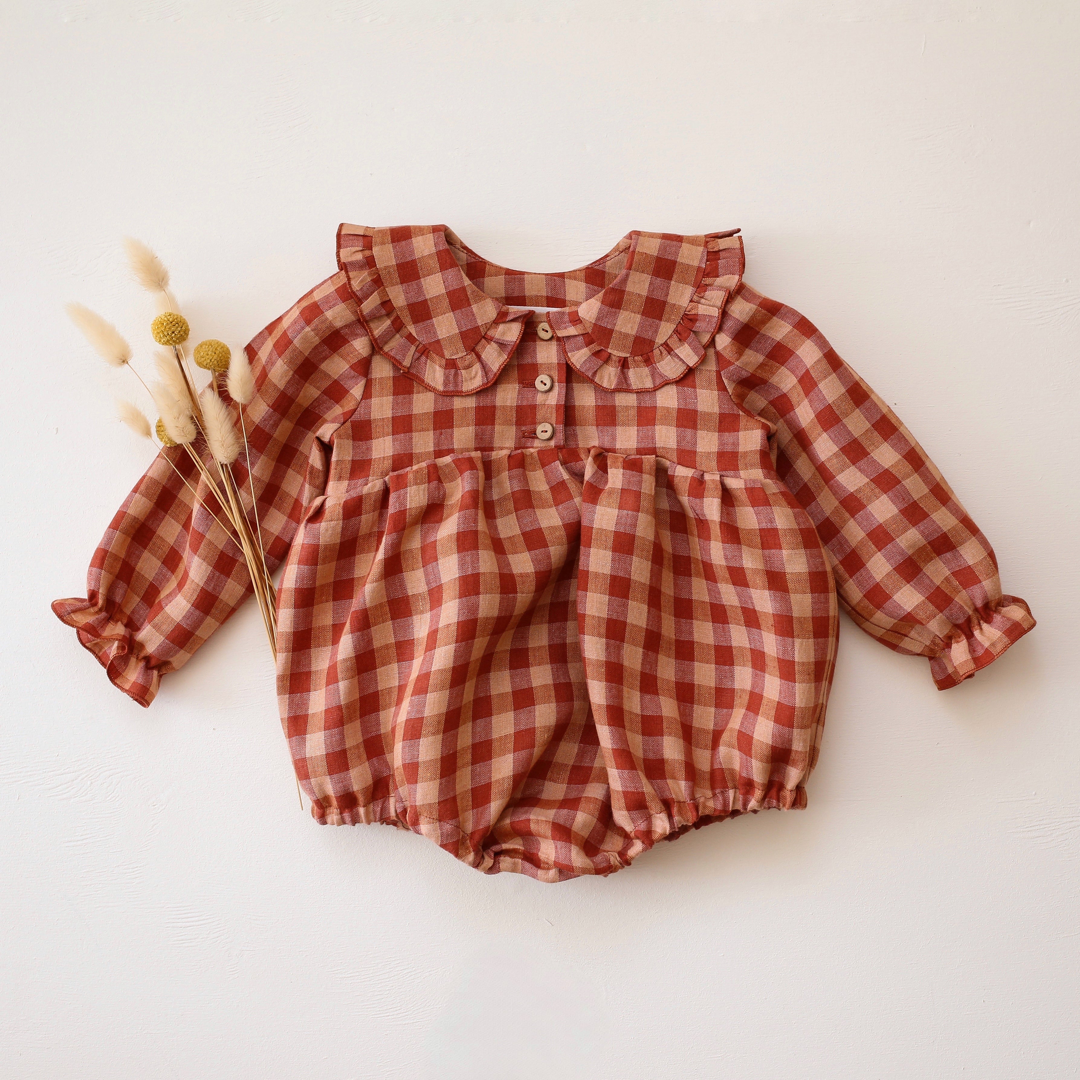 Butternut Check Linen Frilled Collar Curved Waistline Bubble Playsuit