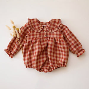 Butternut Check Linen Frilled Collar Curved Waistline Bubble Playsuit