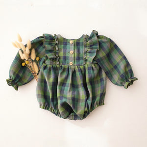 Moss Green Check Linen Long Sleeve Bubble Playsuit with Wide Bodice Ruffle