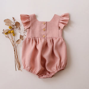 Powder Linen Flutter Sleeve Square Neckline Bubble Playsuit with "Initial Floral Wreath" Embroidery