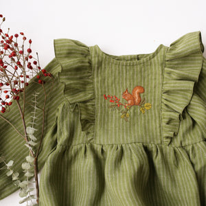 Grass Stripe Linen Long Sleeve Ruffle Bubble Playsuit with “Squirrel on Berry Branch” Embroidery