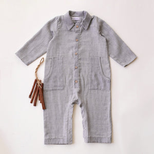 Grey & White Check Cotton Long Sleeve Collared Jumpsuit with Pockets