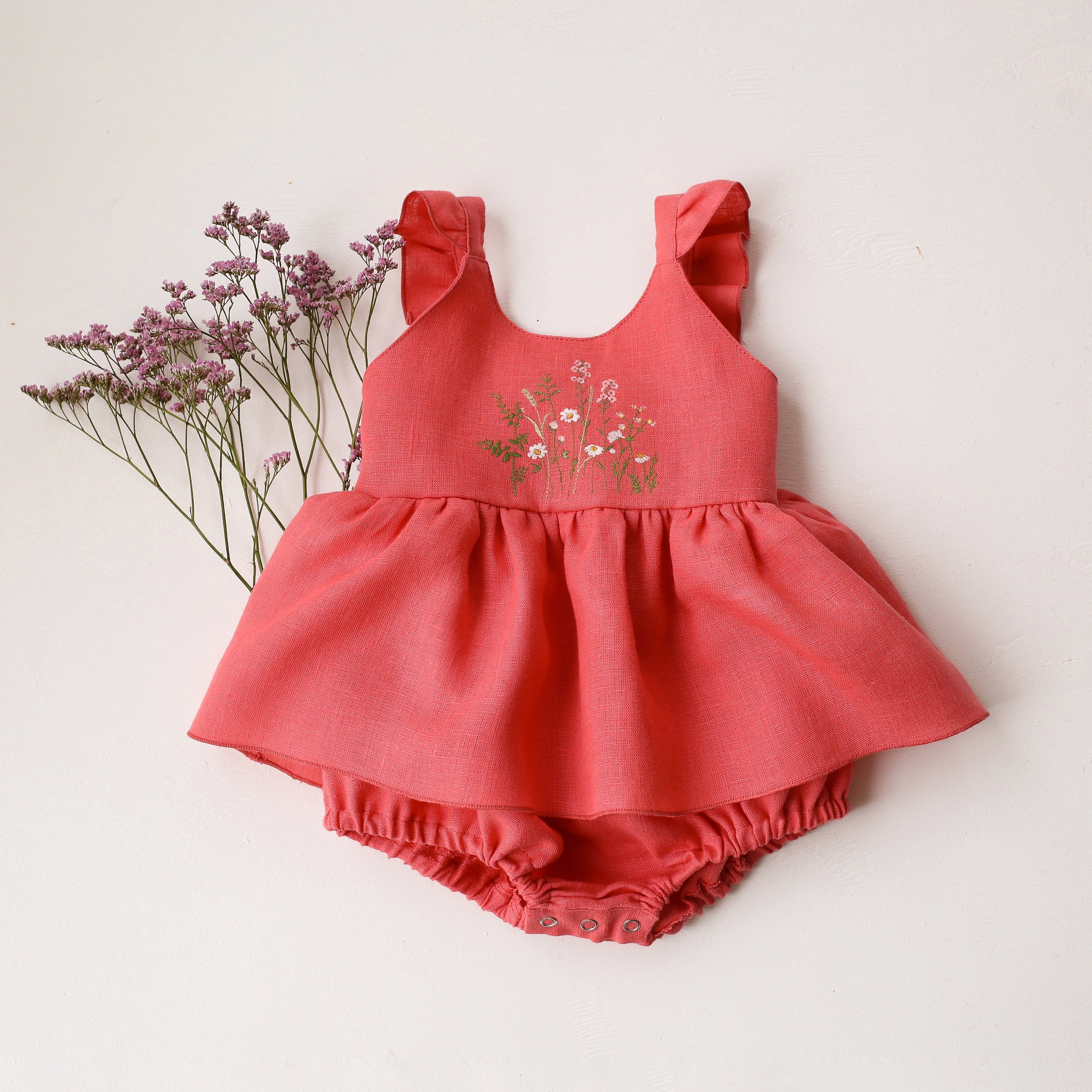 Coral Linen Flutter Sleeve Bubble Playsuit with Skirt with "Romantic Field" Embroidery