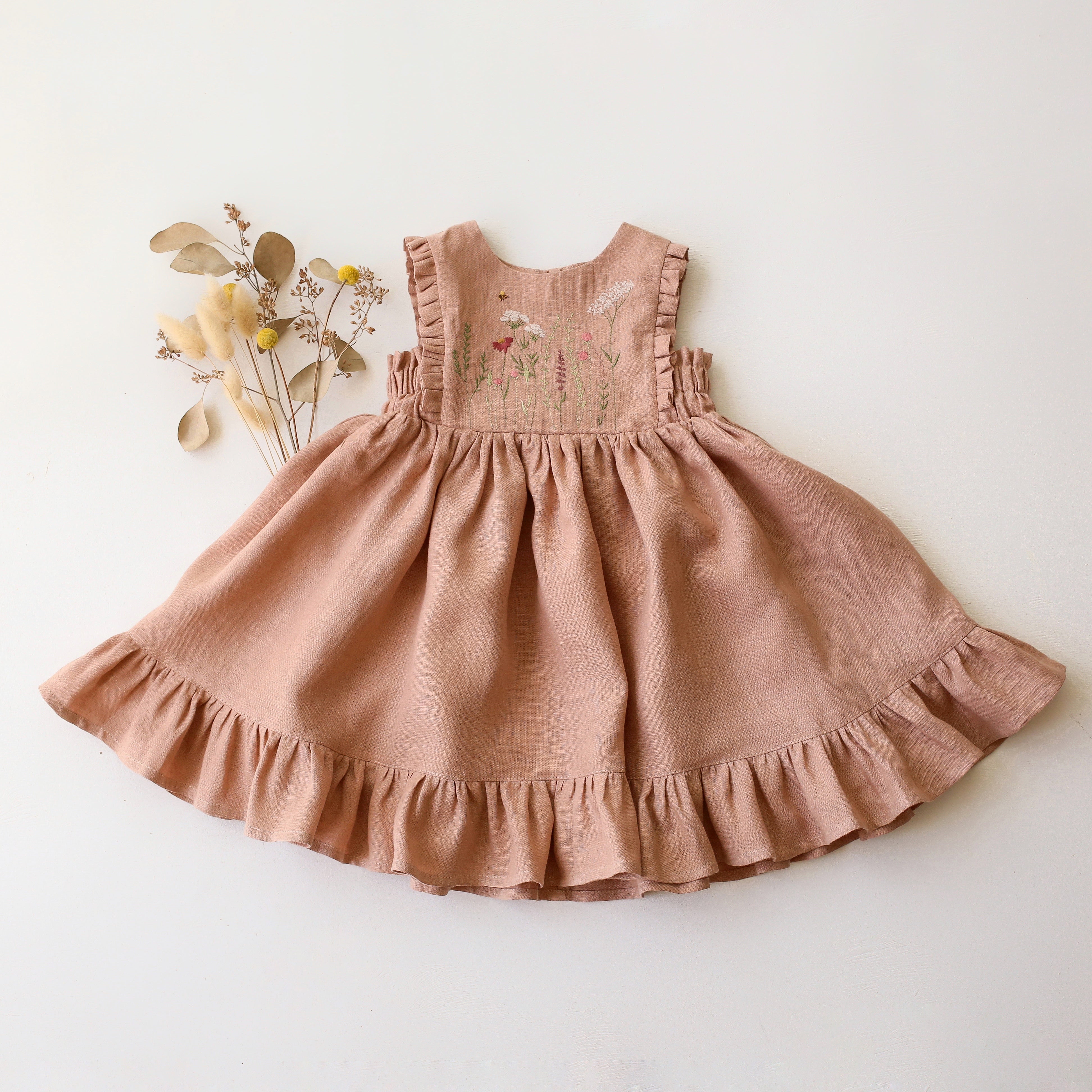 Clay Linen Dress with Ruffled Hem with "Meadow Flowers with Bee" Embroidery