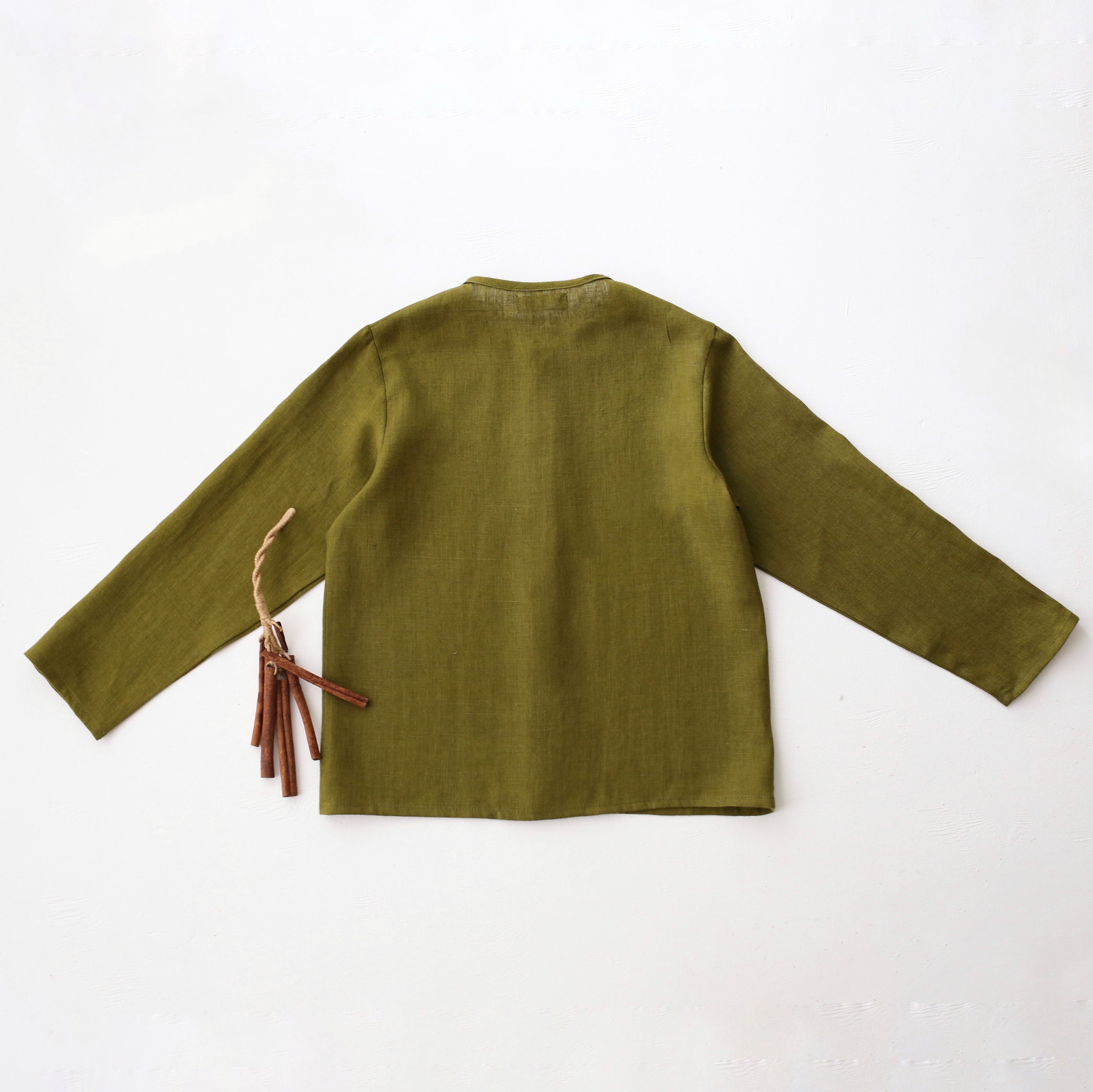 Pine Linen Long Sleeve Button Front Top with Pocket with "Fly Agaric Mushrooms" Embroidery