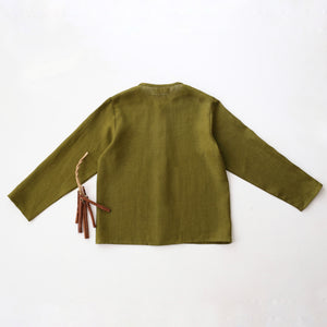 Pine Linen Long Sleeve Button Front Top with Pocket with "Fly Agaric Mushrooms" Embroidery