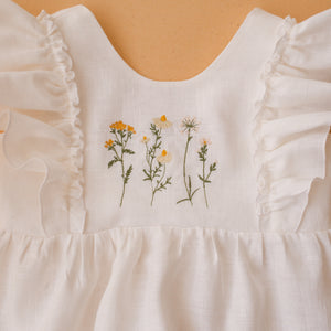 Milk Linen Ruffled Front Bubble Playsuit with “Chamomile Flower” Embroidery