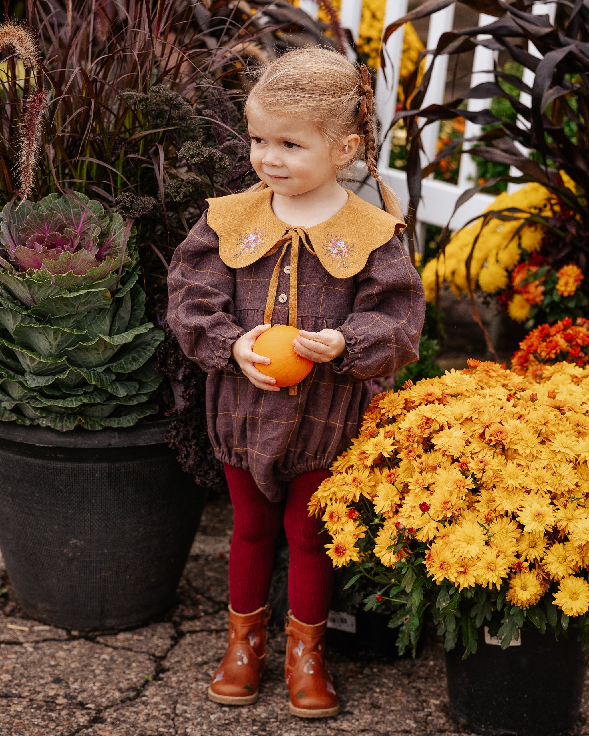 Rust Linen Long Sleeve Bubble Playsuit with Petal Collar in Beige Linen with “Mini Acorns” Embroidery