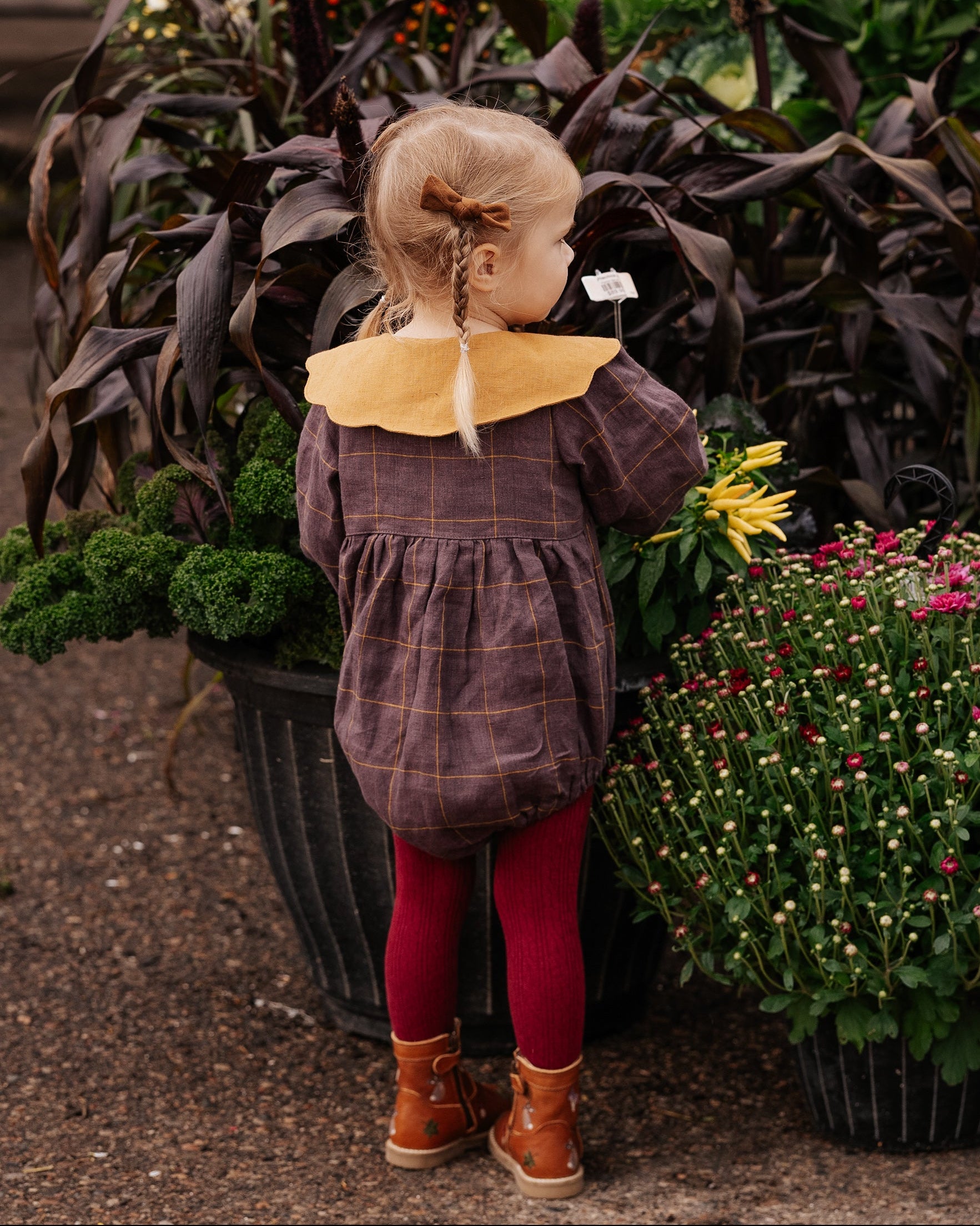 Rust Linen Long Sleeve Bubble Playsuit with Petal Collar in Beige Linen with “Mini Acorns” Embroidery