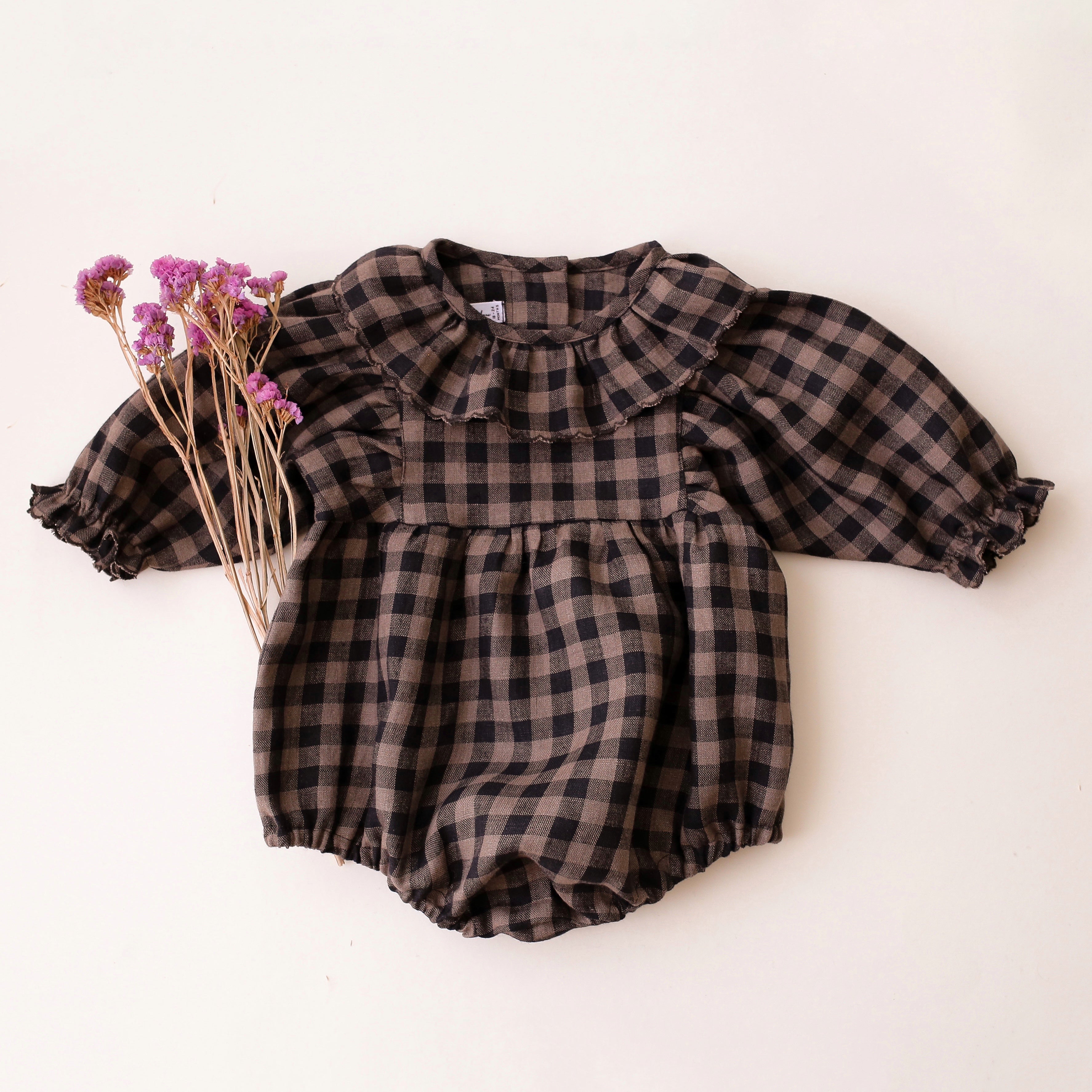 Taupe & Black Check Linen Puff Sleeve Ruffle Collar Bubble Playsuit