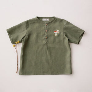 Olive Linen Short Sleeve Buttoned Top with “Toadstool with Snail” Embroidery