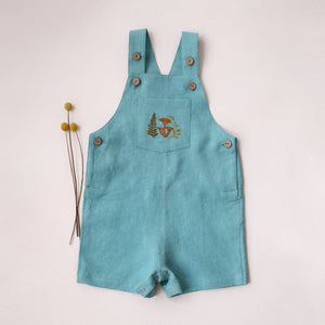 Duck Egg Blue Linen Buttoned Short Dungaree with “Snail on Mushrooms” Embroidery