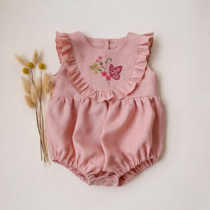 Powder Linen Ruffled Bodice Bubble Playsuit with “Butterfly in Flowers” Embroidery