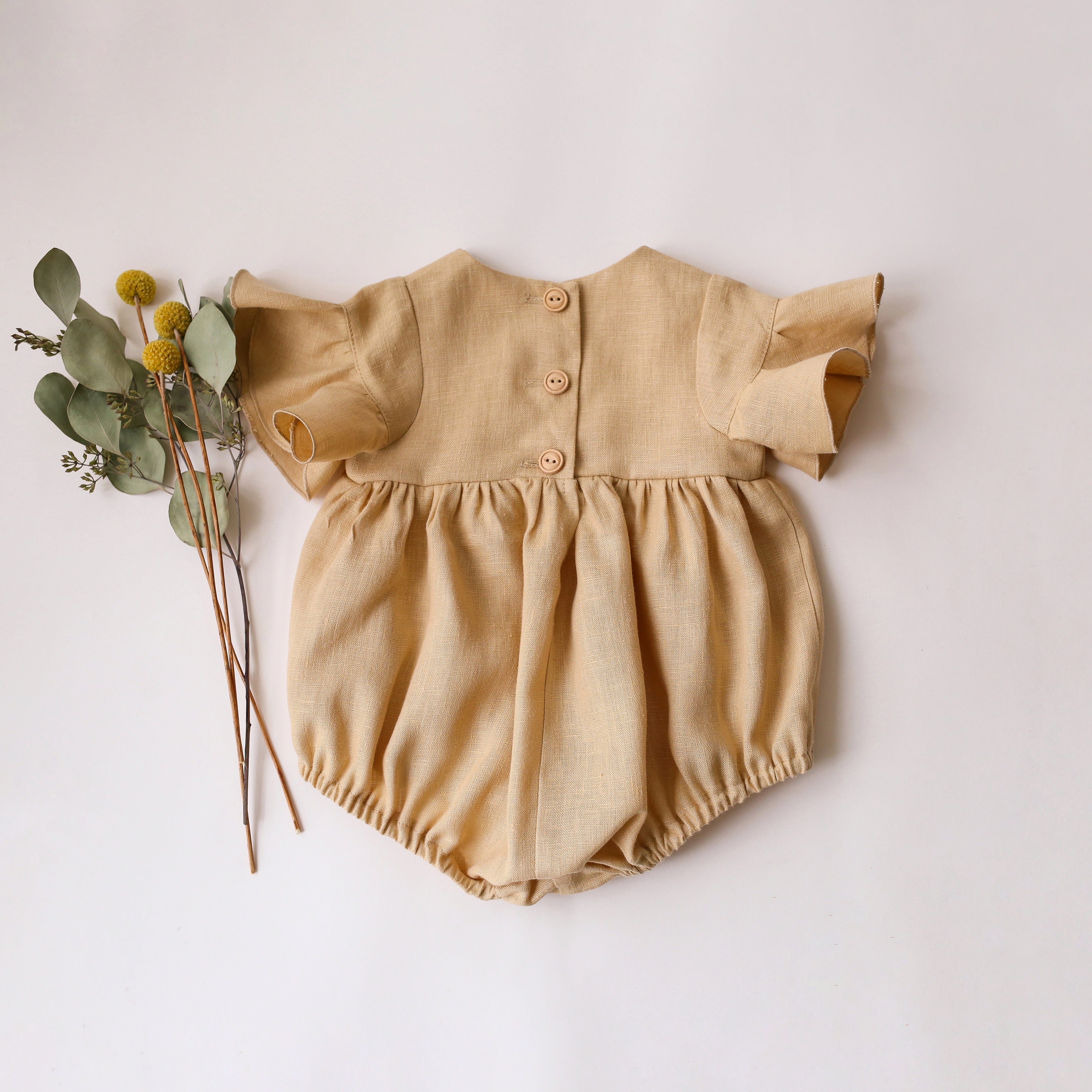 Melon Linen Flounce Sleeve Bubble Playsuit with “Squirrel on the Berry Branch” Embroidery
