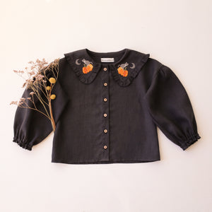 Black Linen Frilled Collar Bubble Sleeve Blouse with "Cat & Pumpkin" Embroidery