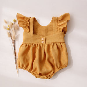 Amber Linen Ruffled Front Bubble Playsuit with “Chamomile Flowers” Embroidery