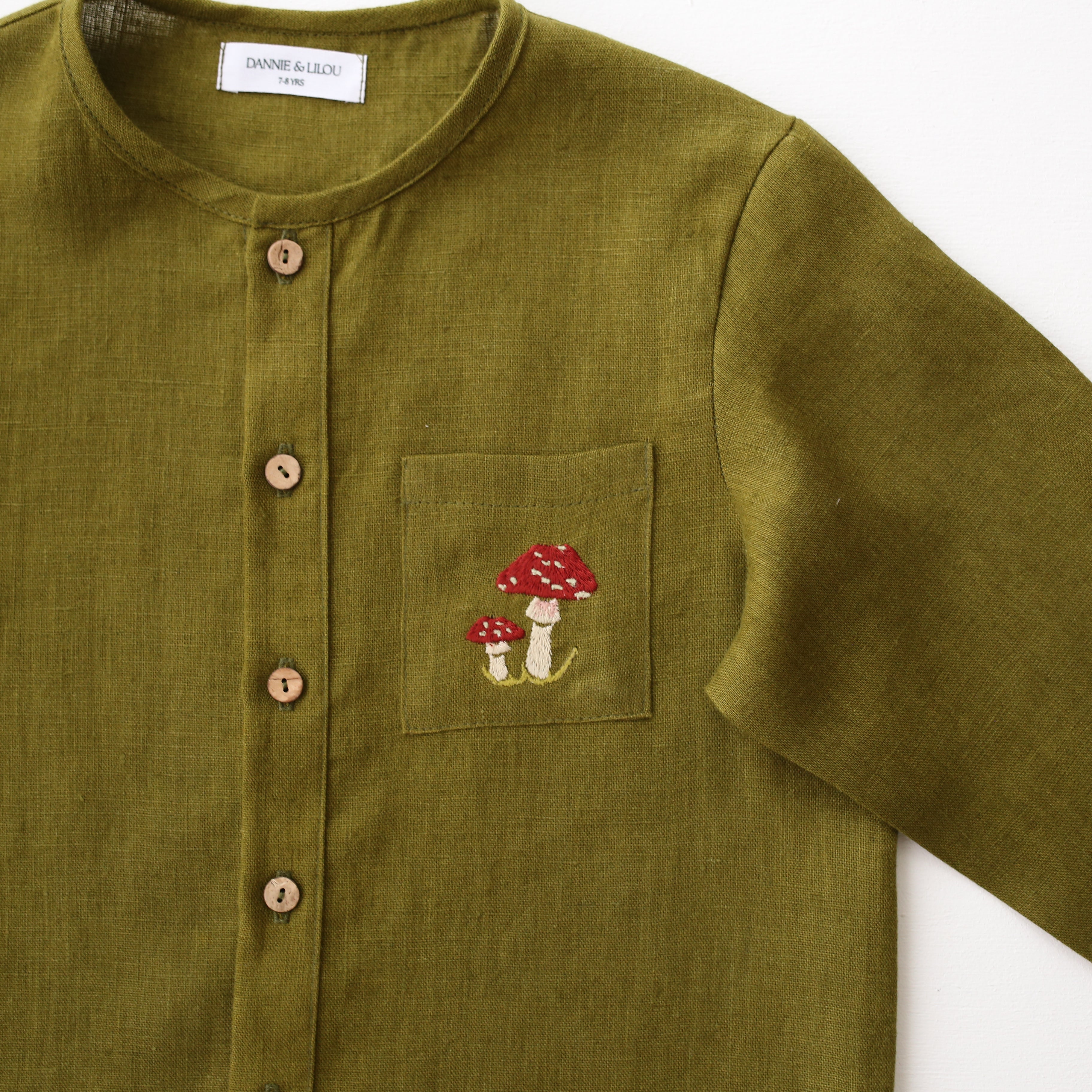 Pine Linen Long Sleeve Button Front Top with Pocket with "Fly Agaric Mushrooms" Embroidery