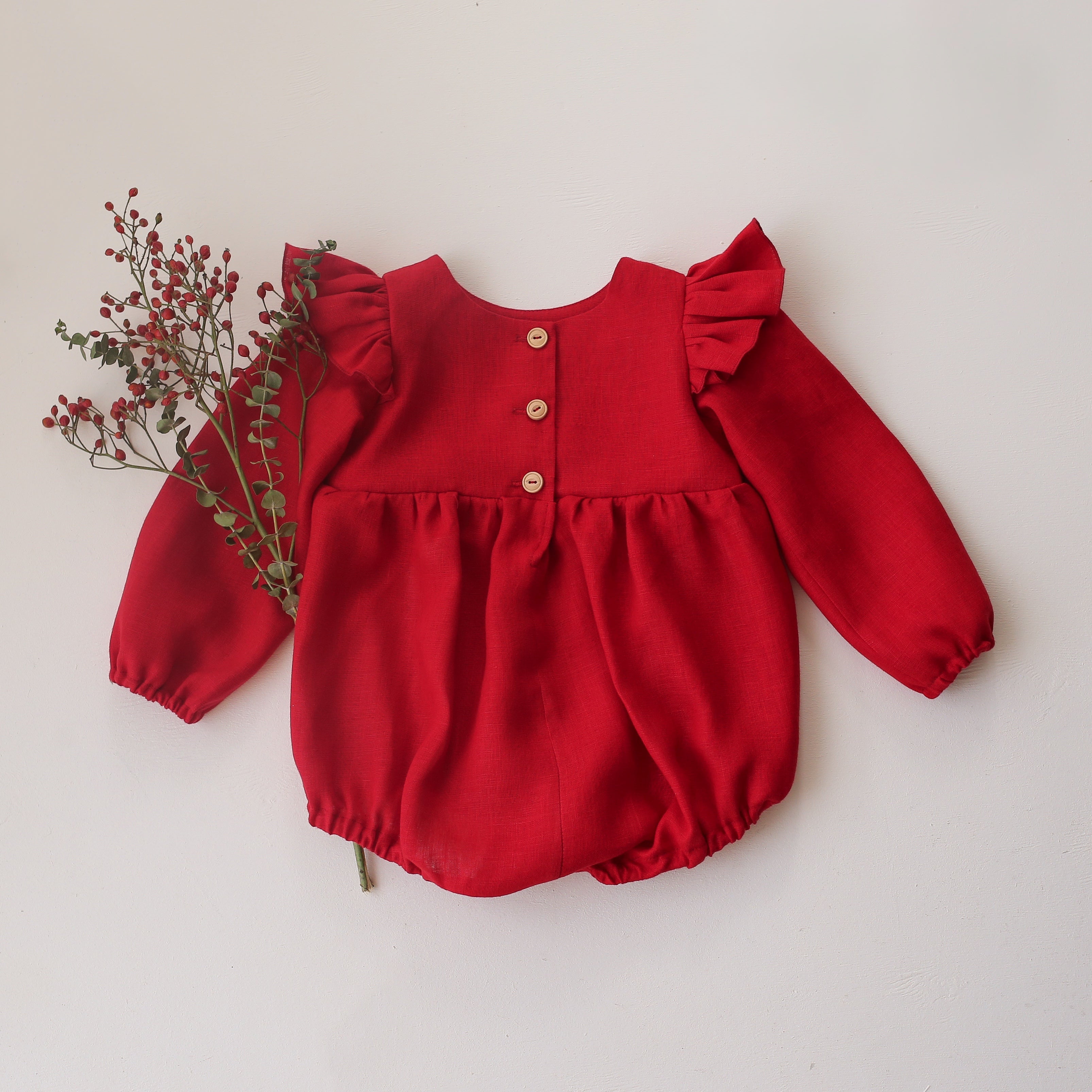 Scarlet Red Linen Full Length Flutter Sleeve Bubble Playsuit with "Christmas Holly Bouquet" Embroidery