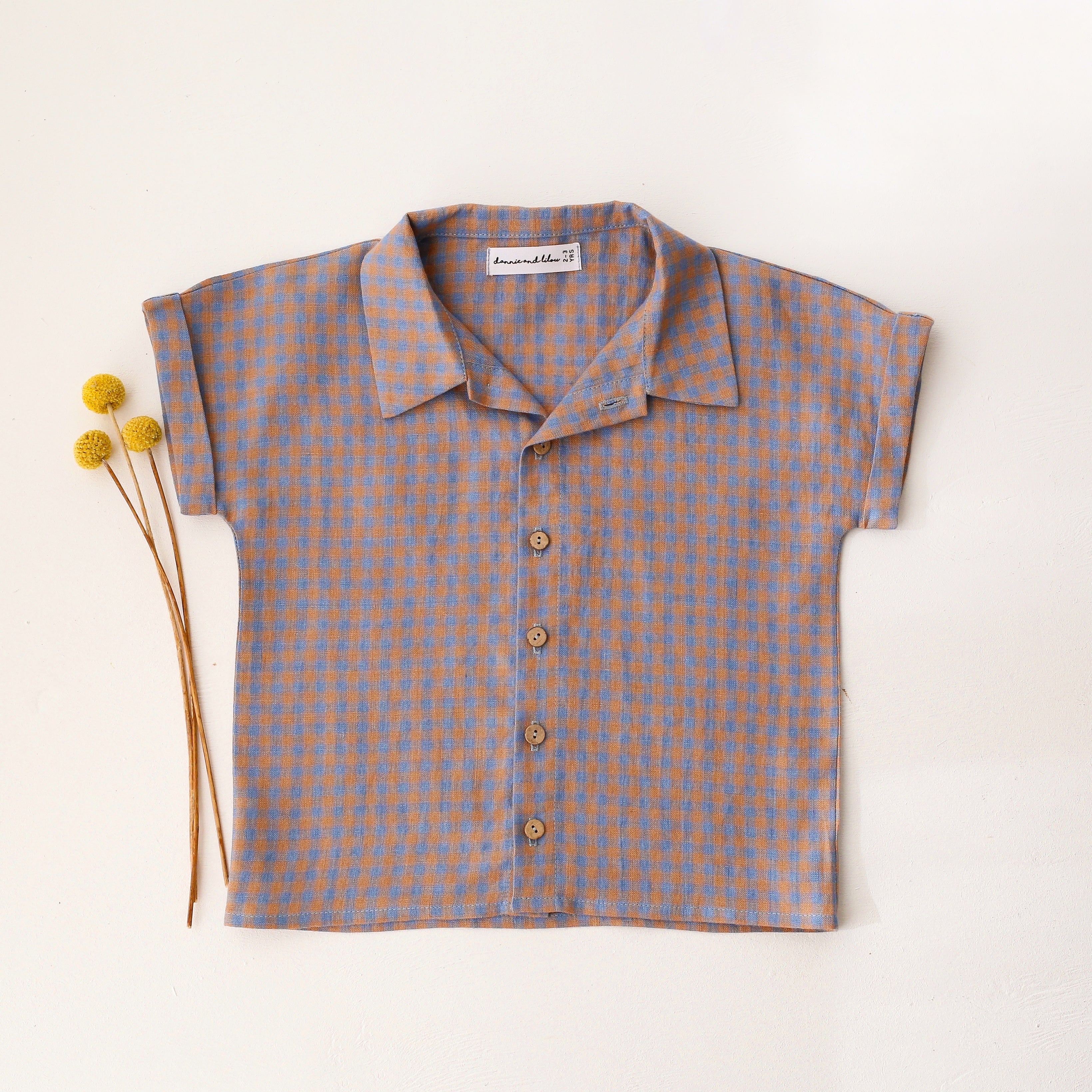 Blue & Peach Gingham Linen Cuffed Shirt