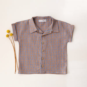 Blue & Peach Gingham Linen Cuffed Shirt