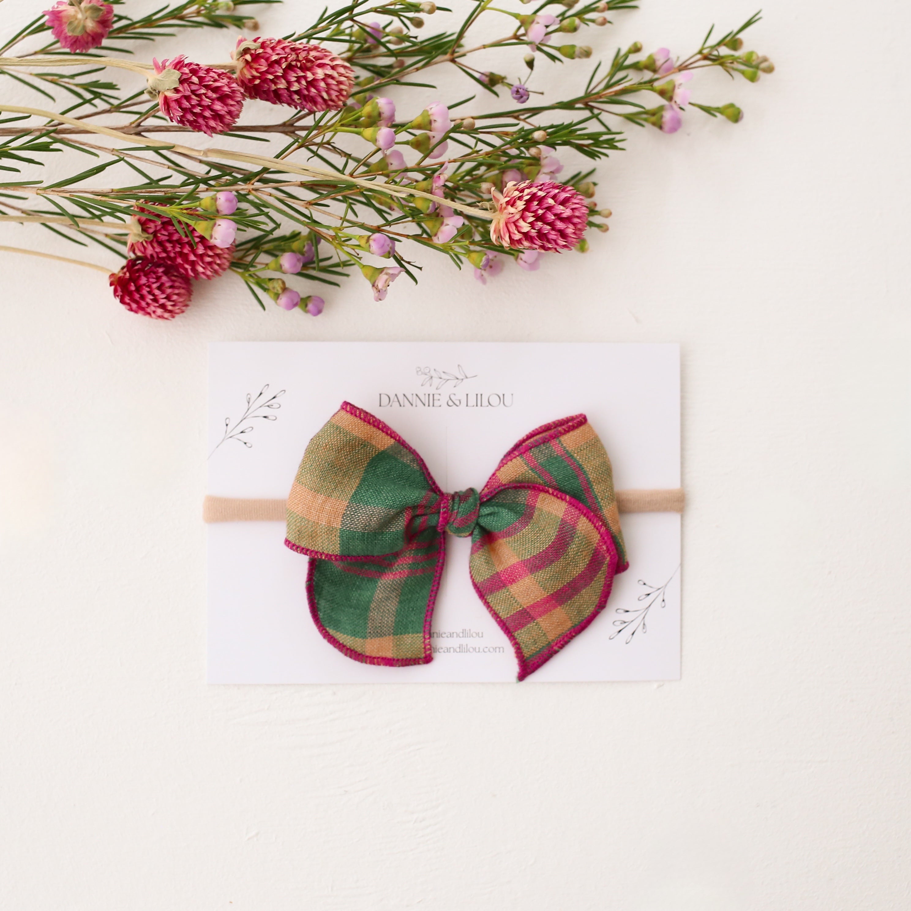Mini Whimsy Hair Bow in Mulberry Fern Check Linen