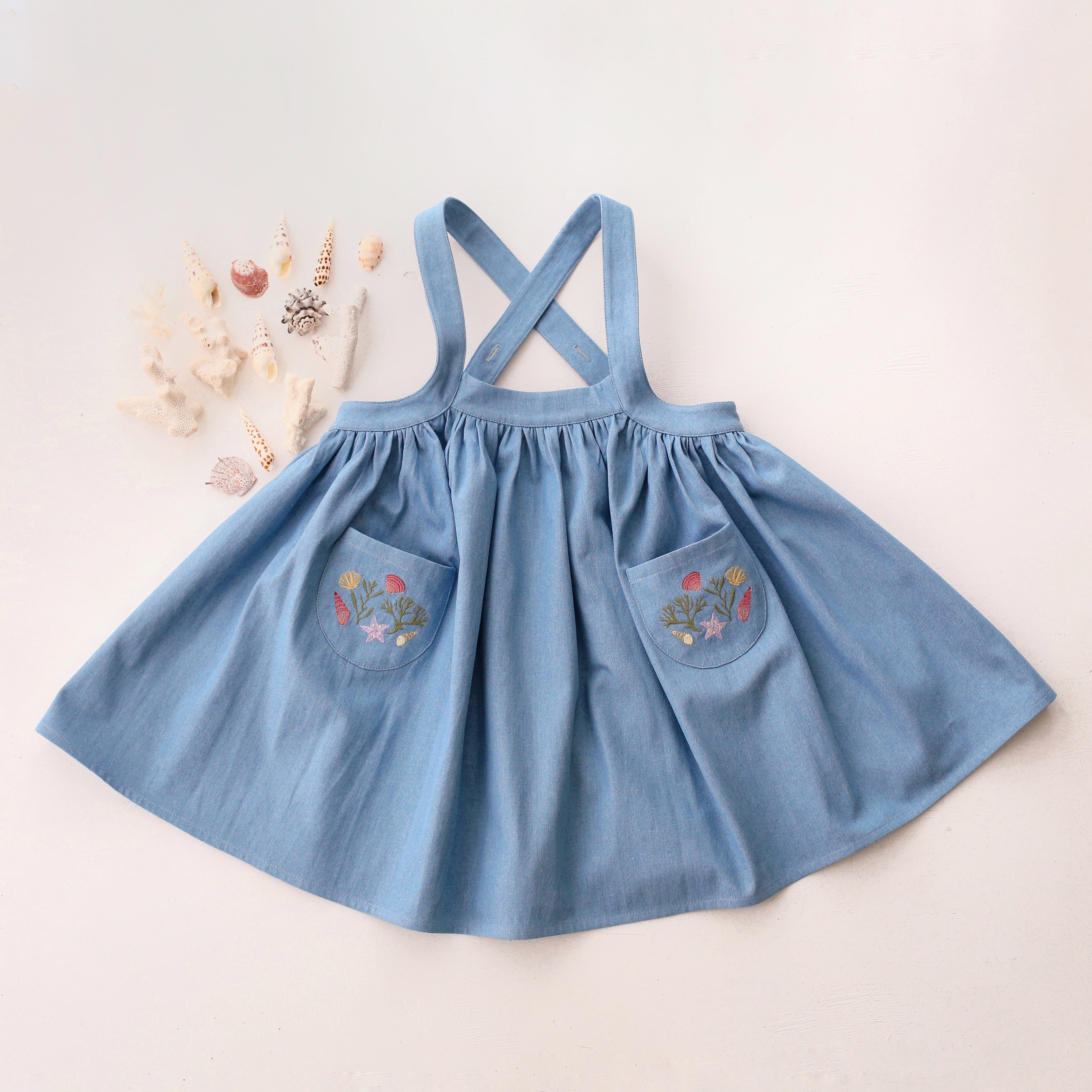 Light Blue Denim Straps Pinafore with Pockets with “Shells” Embroidery