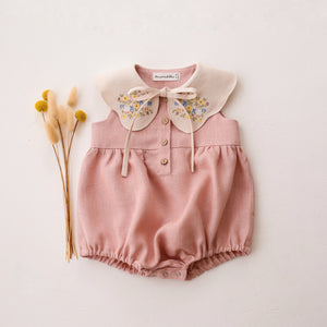 Powder Linen Bubble Playsuit with Petal Collar in Ivory Linen with "Geese in Flowers" Embroidery