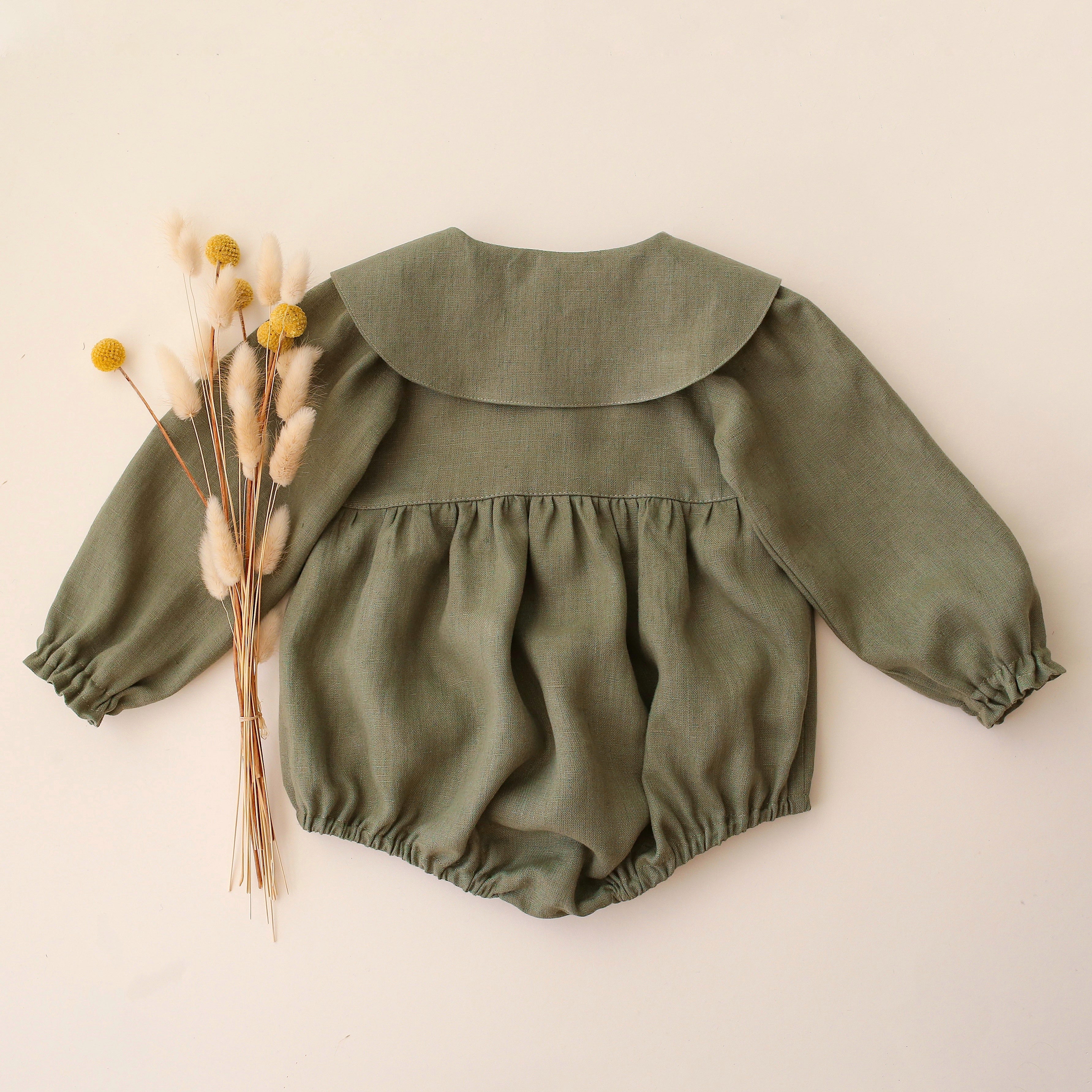 Olive Linen Long Sleeve Pointed Collar Bubble Playsuit