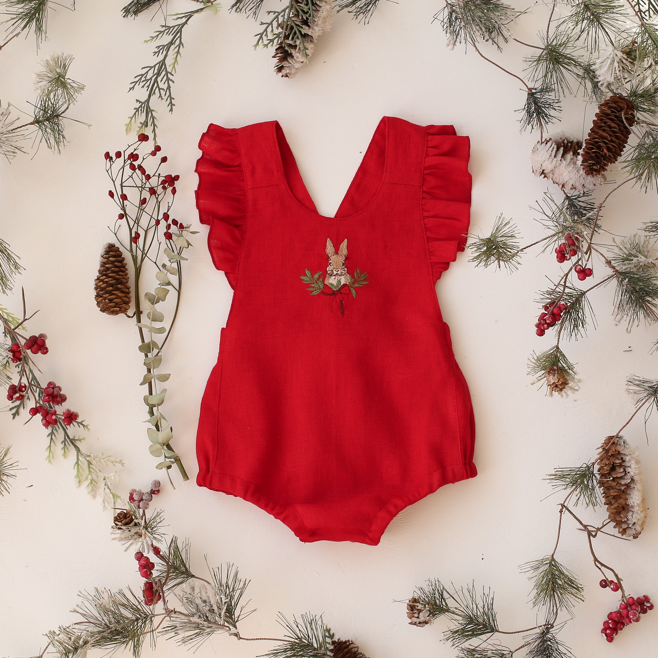 Scarlet Red Linen Ruffle Straps Romper with “Christmas Bunny” Embroidery