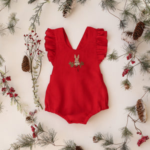 Scarlet Red Linen Ruffle Straps Romper with “Christmas Bunny” Embroidery
