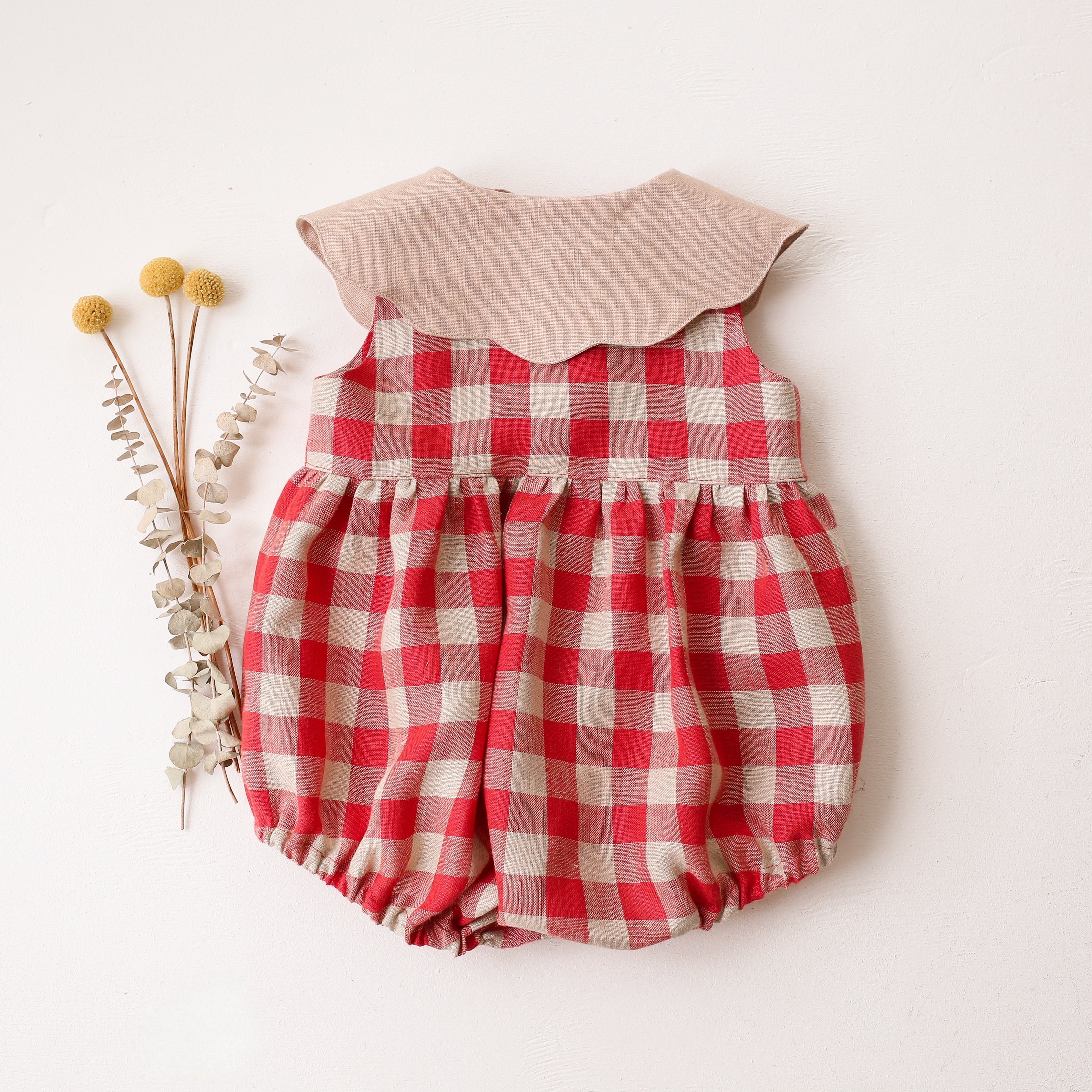 Cherry Check Linen Bubble Playsuit with Petal Collar in Beige Linen with "Cherry" Embroidery