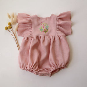 Powder Linen Ruffle Sleeve Bubble Playsuit with "Berries” Embroidery