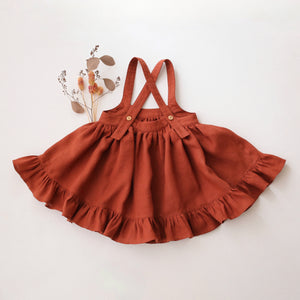 Rust Linen Straps Pinafore with Frills with “Autumn Flowers” Embroidery