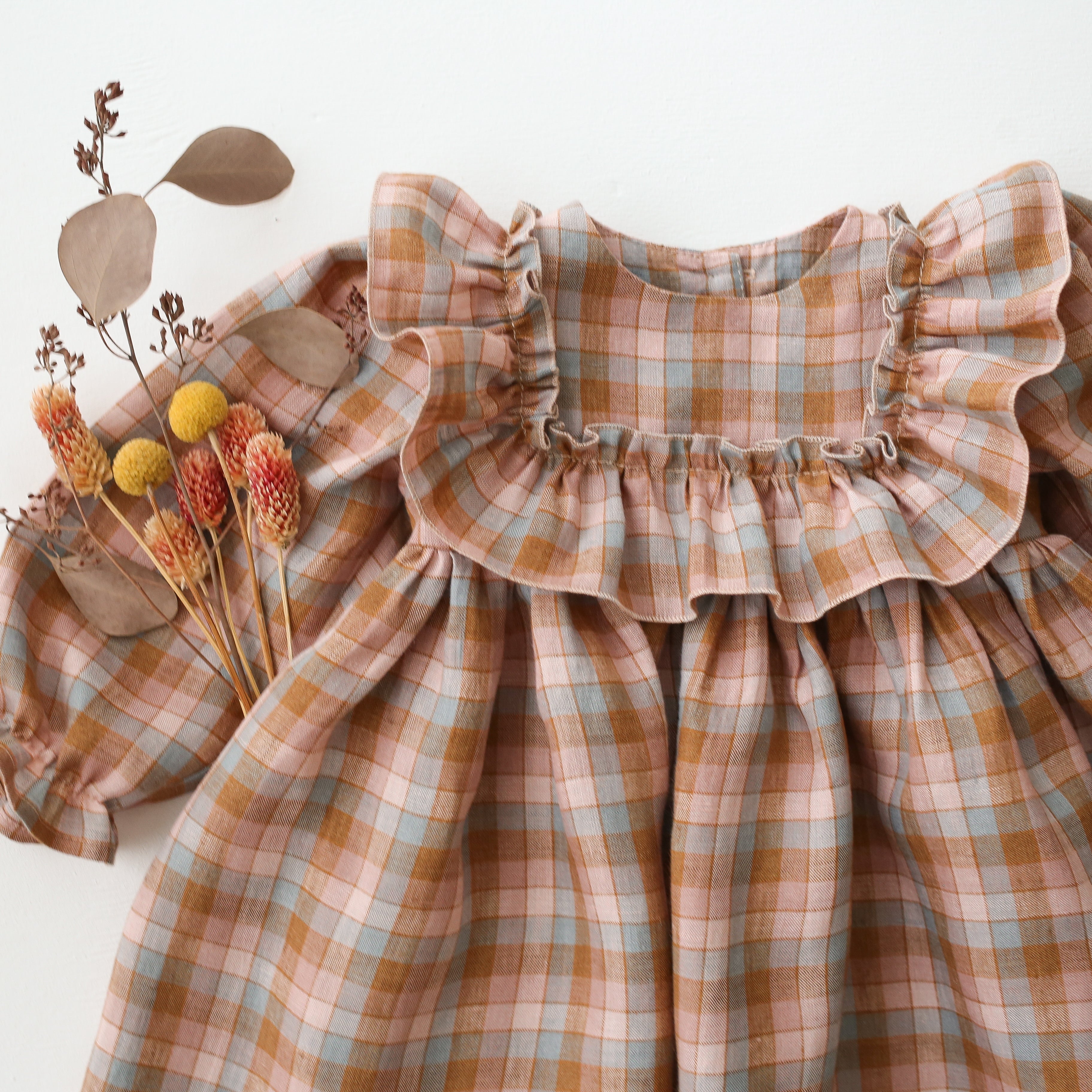 Hazel Rose Check Linen Long Sleeve Dress with Wide Bodice Ruffle