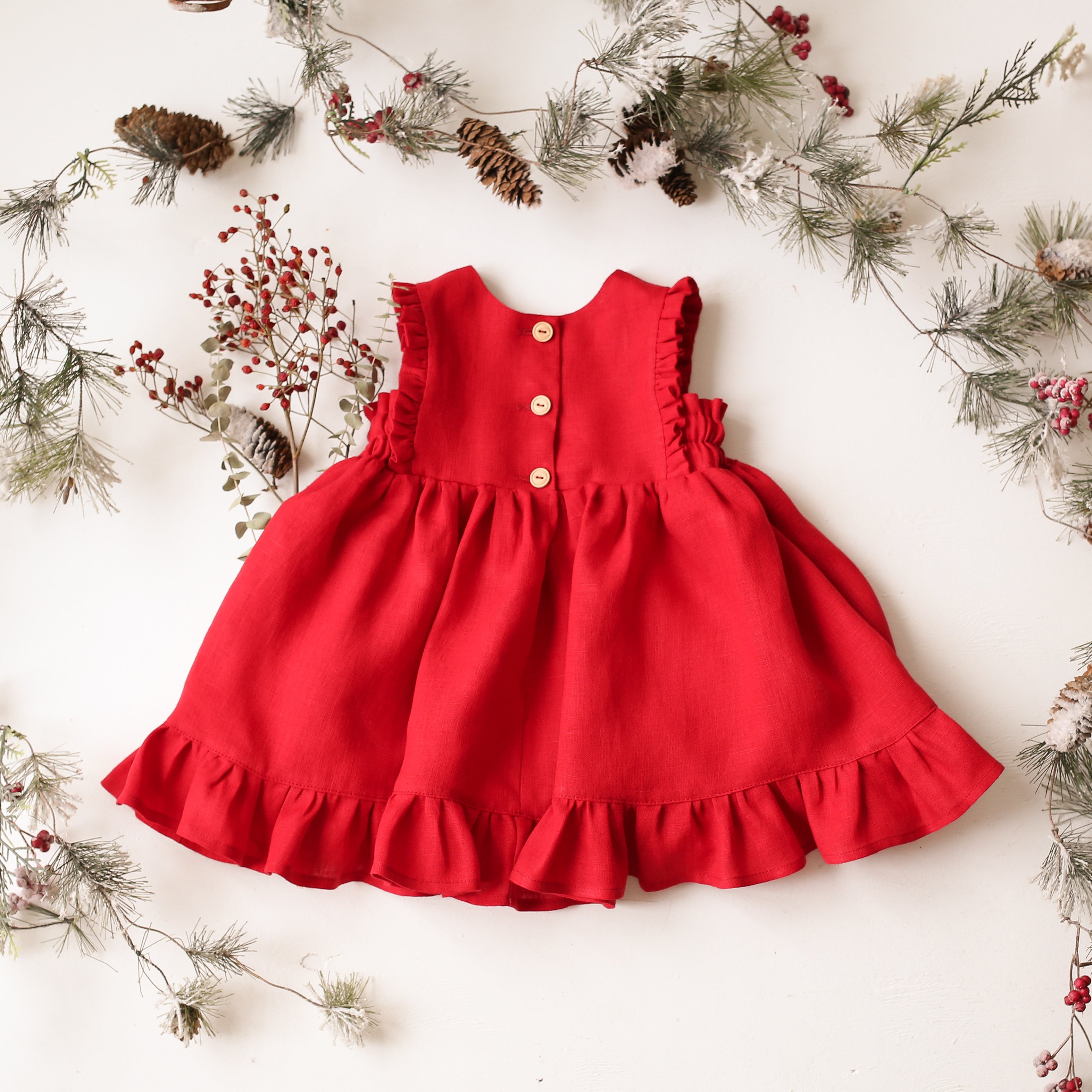 Scarlet Red Linen Dress with Ruffled Hem with "Fox in a Scarf" Embroidery