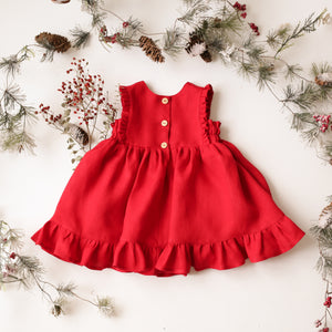 Scarlet Red Linen Dress with Ruffled Hem with "Fox in a Scarf" Embroidery