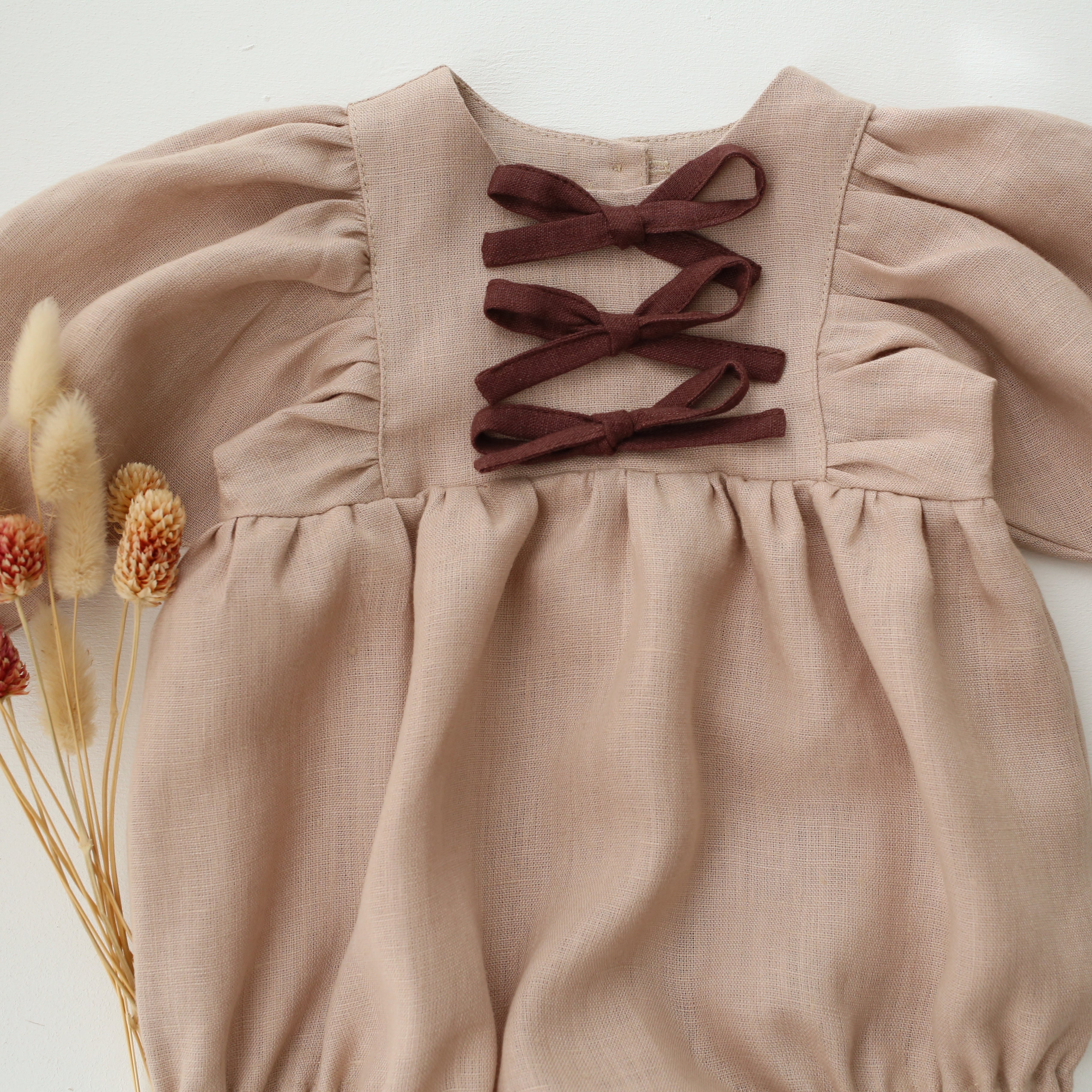 Beige Linen Puff Sleeve Bow Bubble Playsuit with Chocolate Plum Accent Color