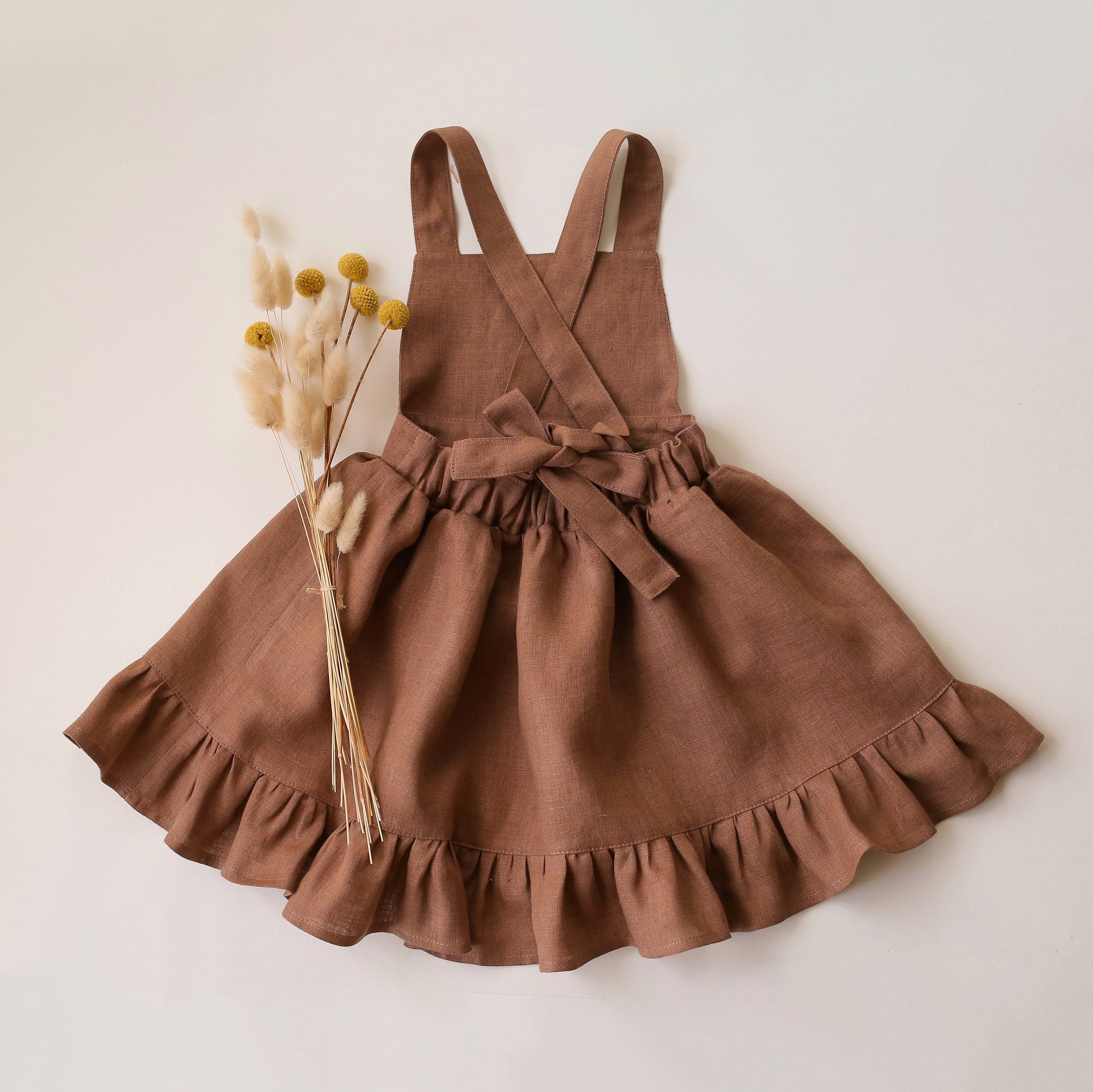 Cocoa Brown Linen Straps Pinafore with Ruffled Hem