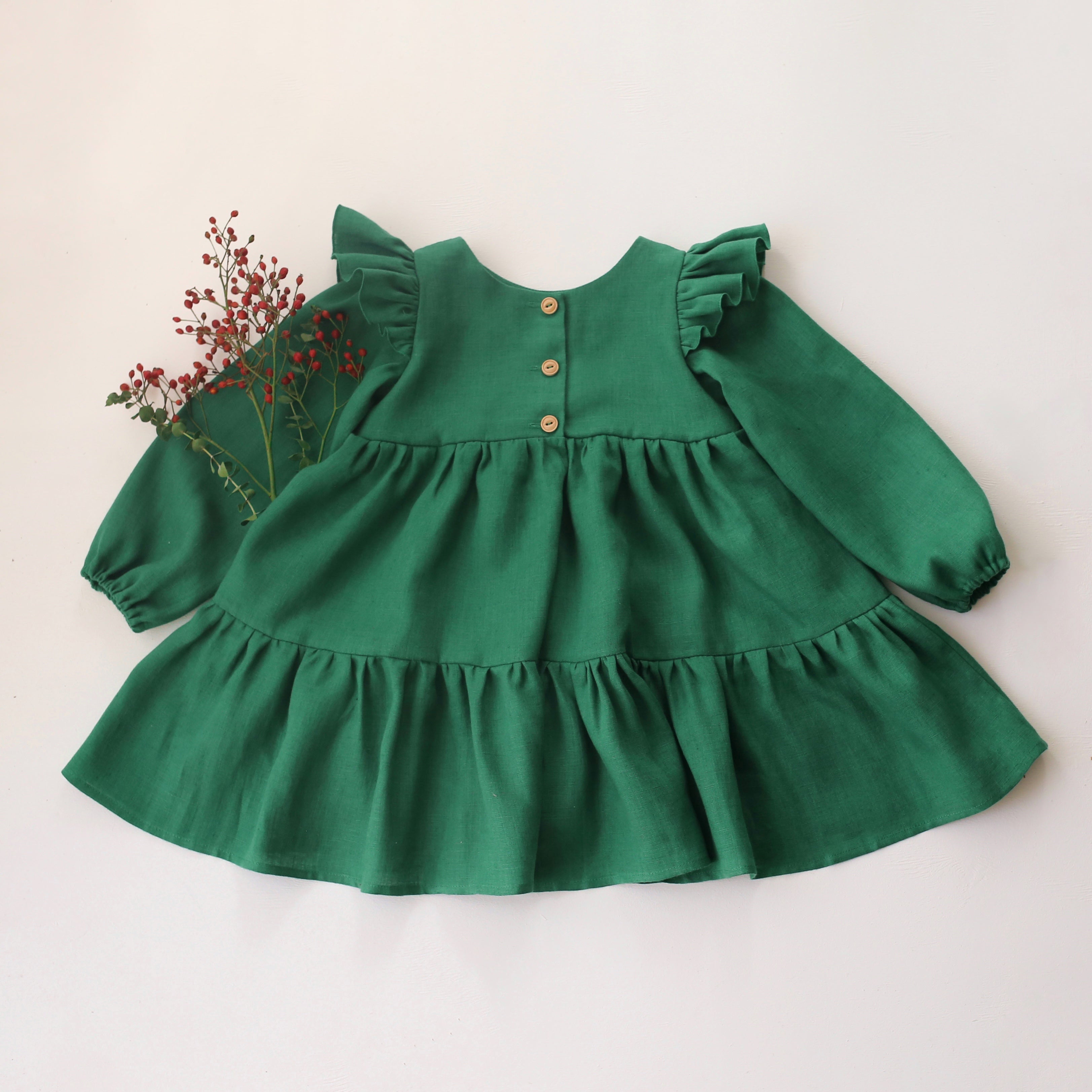 Emerald Green Linen Full Length Flutter Sleeve Tiered Dress with "Christmas Baubles" Embroidery