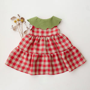 Cherry Check Linen Tiered Dress with Petal Collar in Meadow Green Linen with "Strawberry Bouquet" Embroidery
