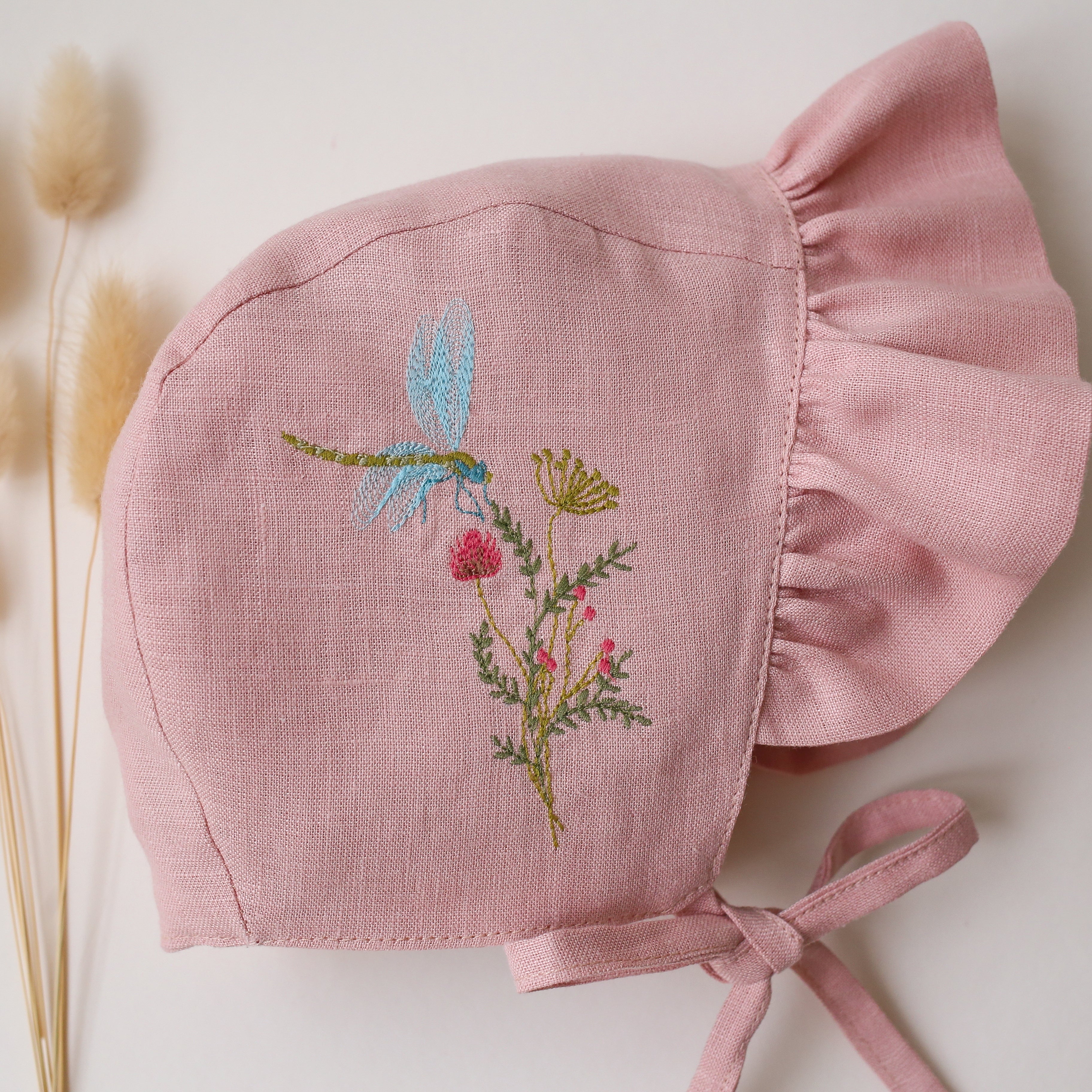 Powder Linen Ruffle Brimmed Bonnet with “Dragonfly in Flowers” Embroidery