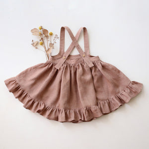 Rose Smoke Linen Straps Pinafore with Frills with “Clover Flower” Embroidery