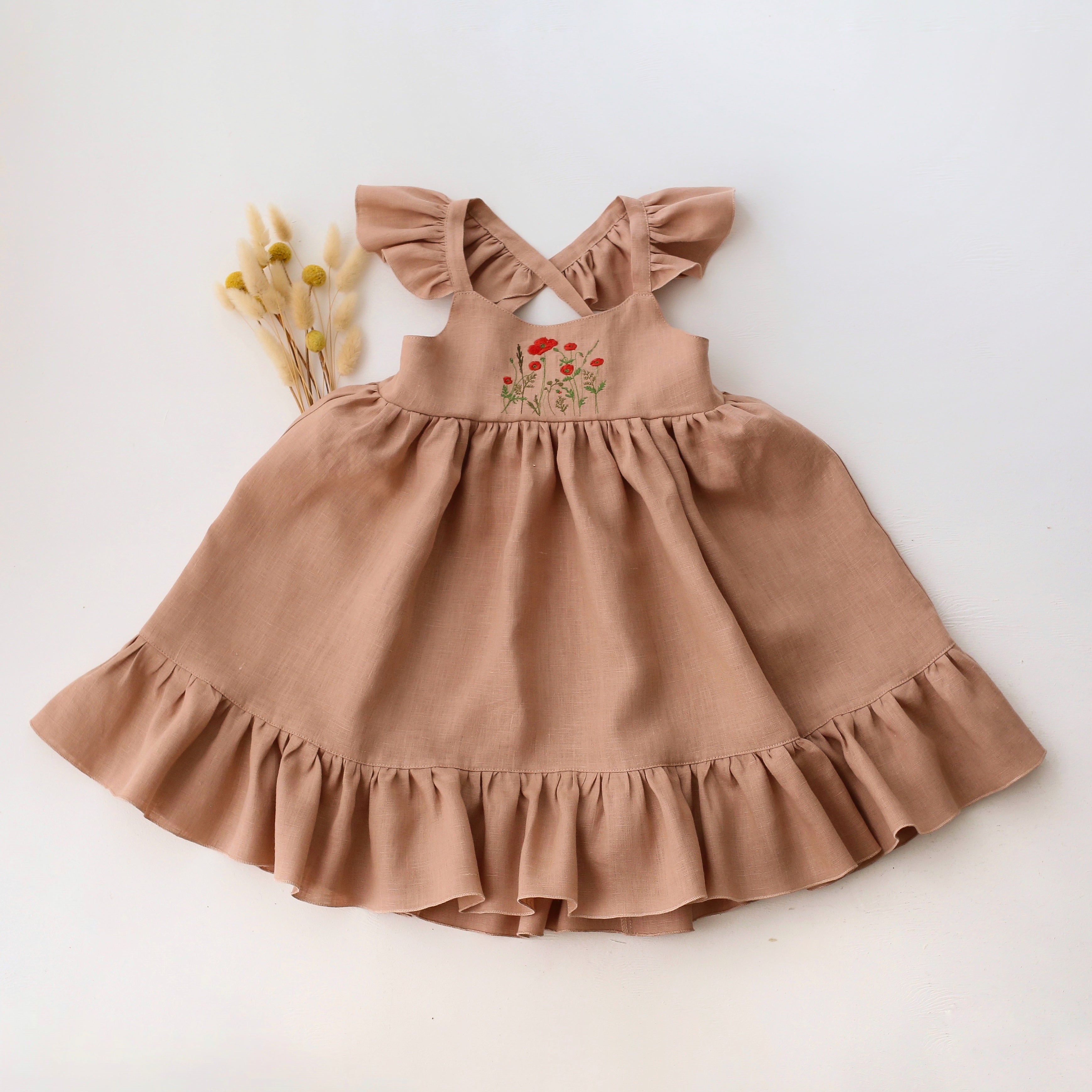 Clay Linen Sundress with Flutter Sleeves with "Poppy Meadow" Embroidery