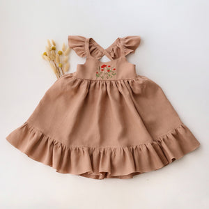 Clay Linen Sundress with Flutter Sleeves with "Poppy Meadow" Embroidery