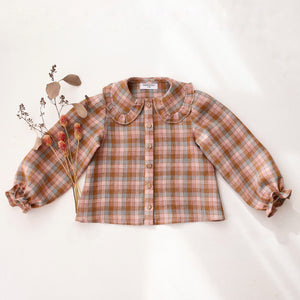 Hazel Rose Check Linen Long Sleeve Frilled Collar Button Front Blouse