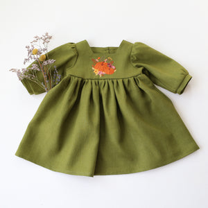 Forest Linen 3/4 Length Sleeve Square Neckline Dress with "Floral Pumpkin” Embroidery