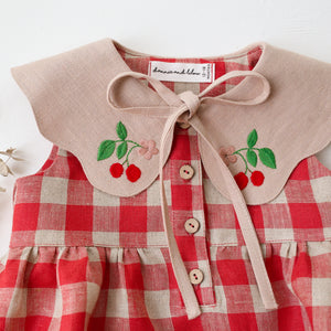 Cherry Check Linen Bubble Playsuit with Petal Collar in Beige Linen with "Cherry" Embroidery